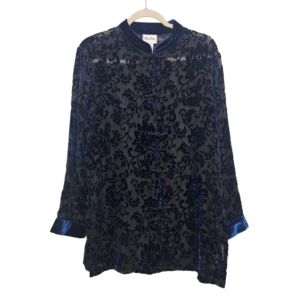 Yi Lin Blouse Womens M Sheer Blue Burnout Velvet Silk Frog Toggle Mandarin Asian